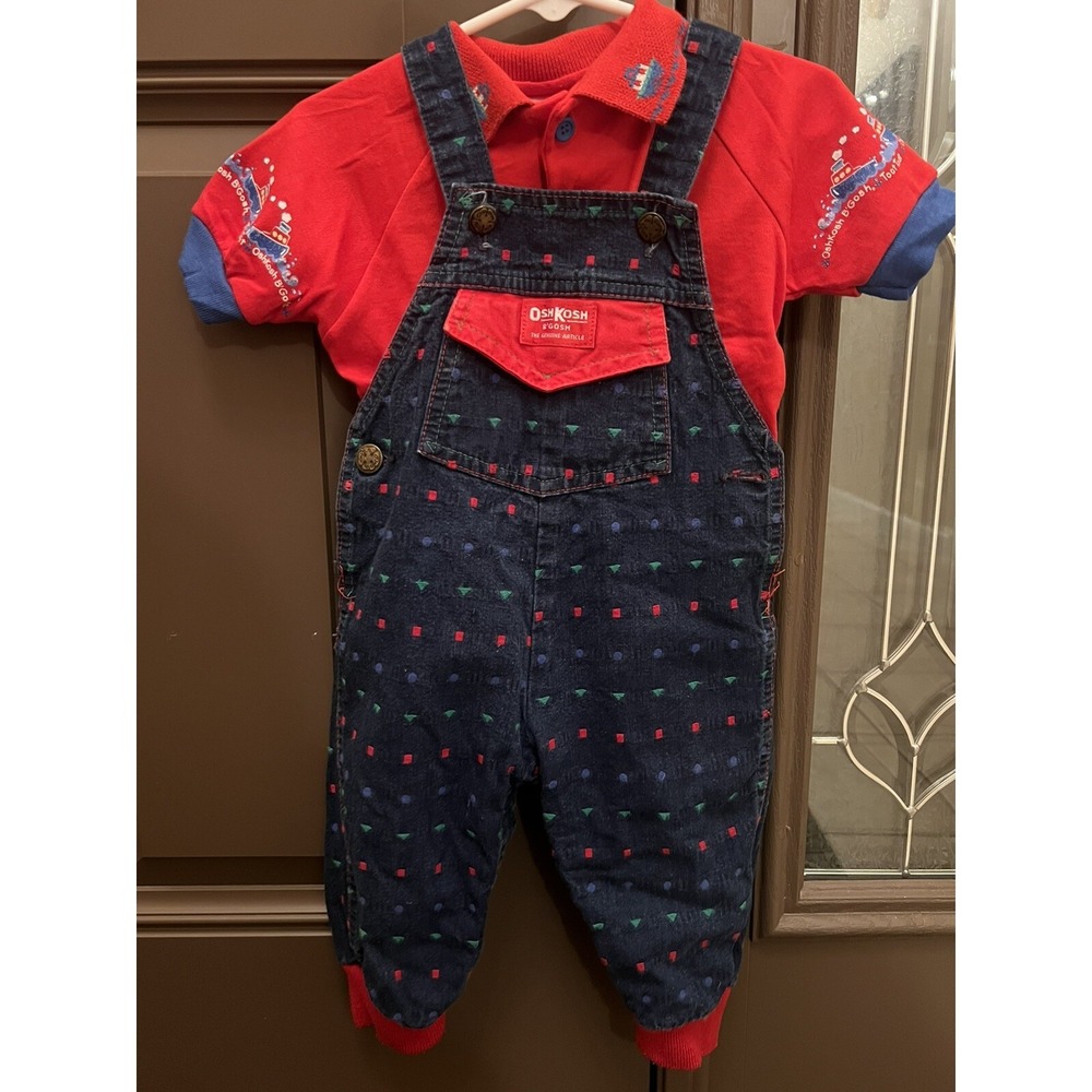 Vintage Oshkosh B Gosh Denim Overalls Shapes Matching Red Boat Shirt 18 M Boys